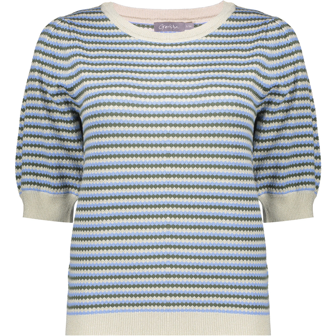 Geisha Stripe trui dames kit lurex olive blue 
