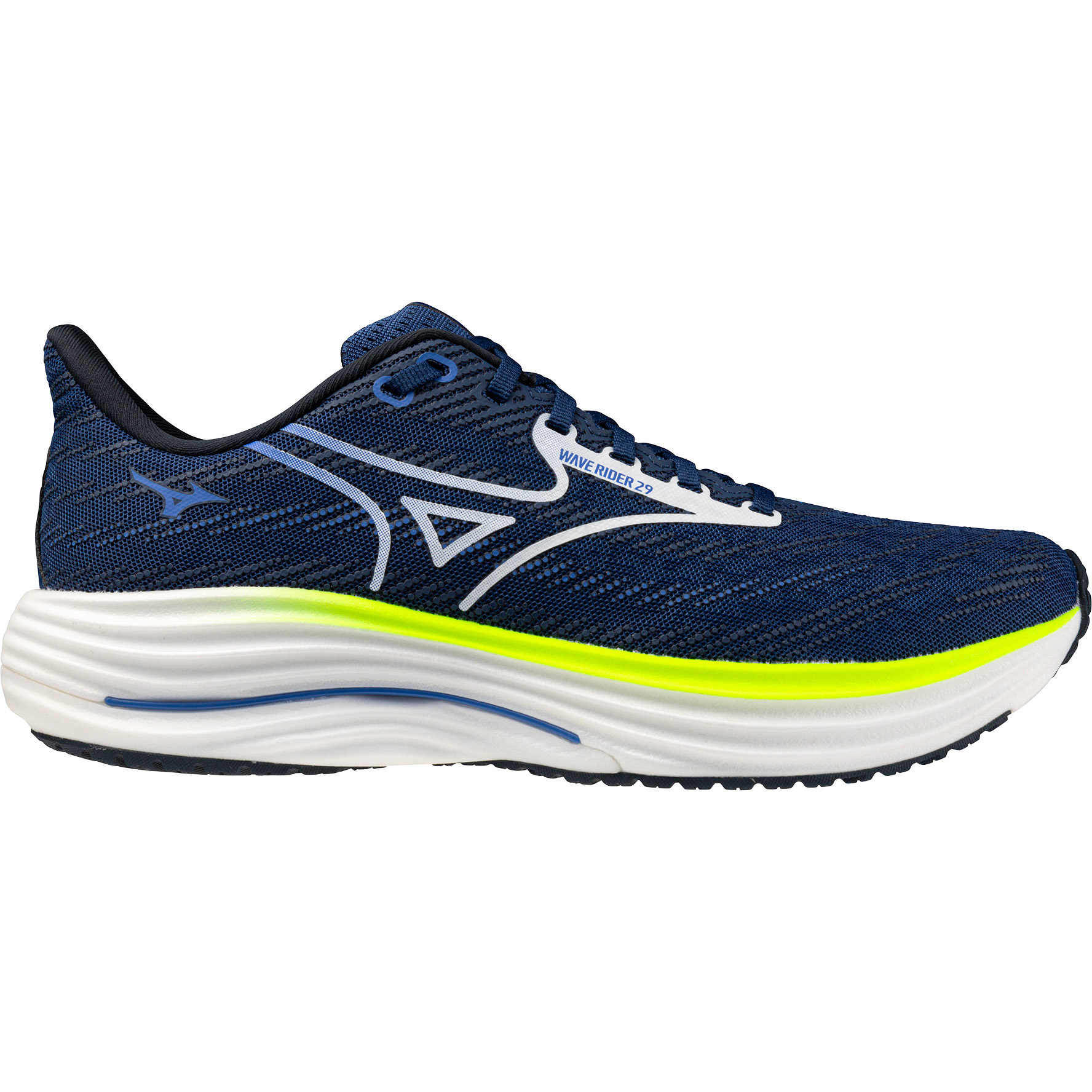 Mizuno Wave Rider 29 hardloopschoenen heren estate blue white lightning yellow