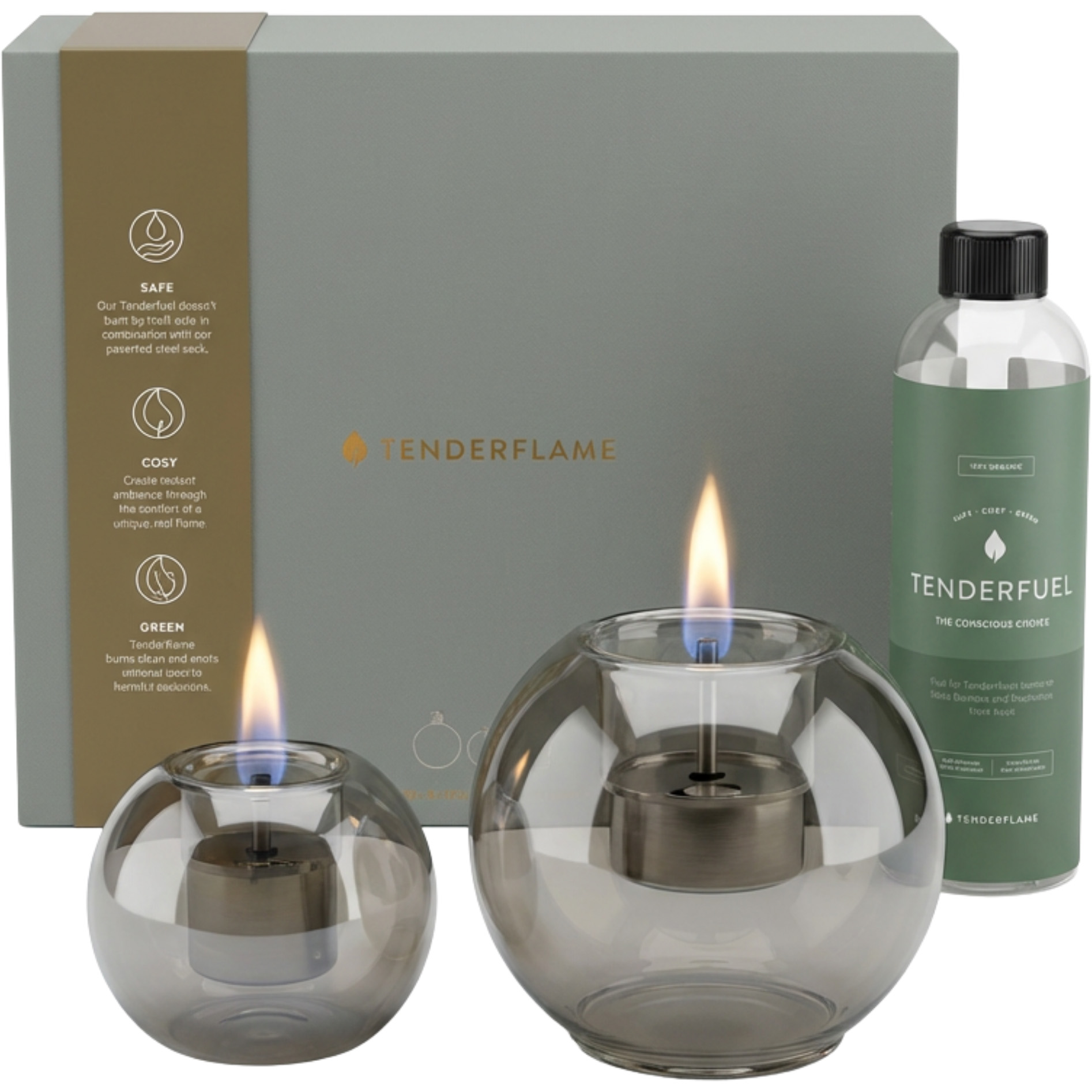 Tenderflame Globus 10 & Globus 15 & Tenderfuel 0,5 liter giftset grey
