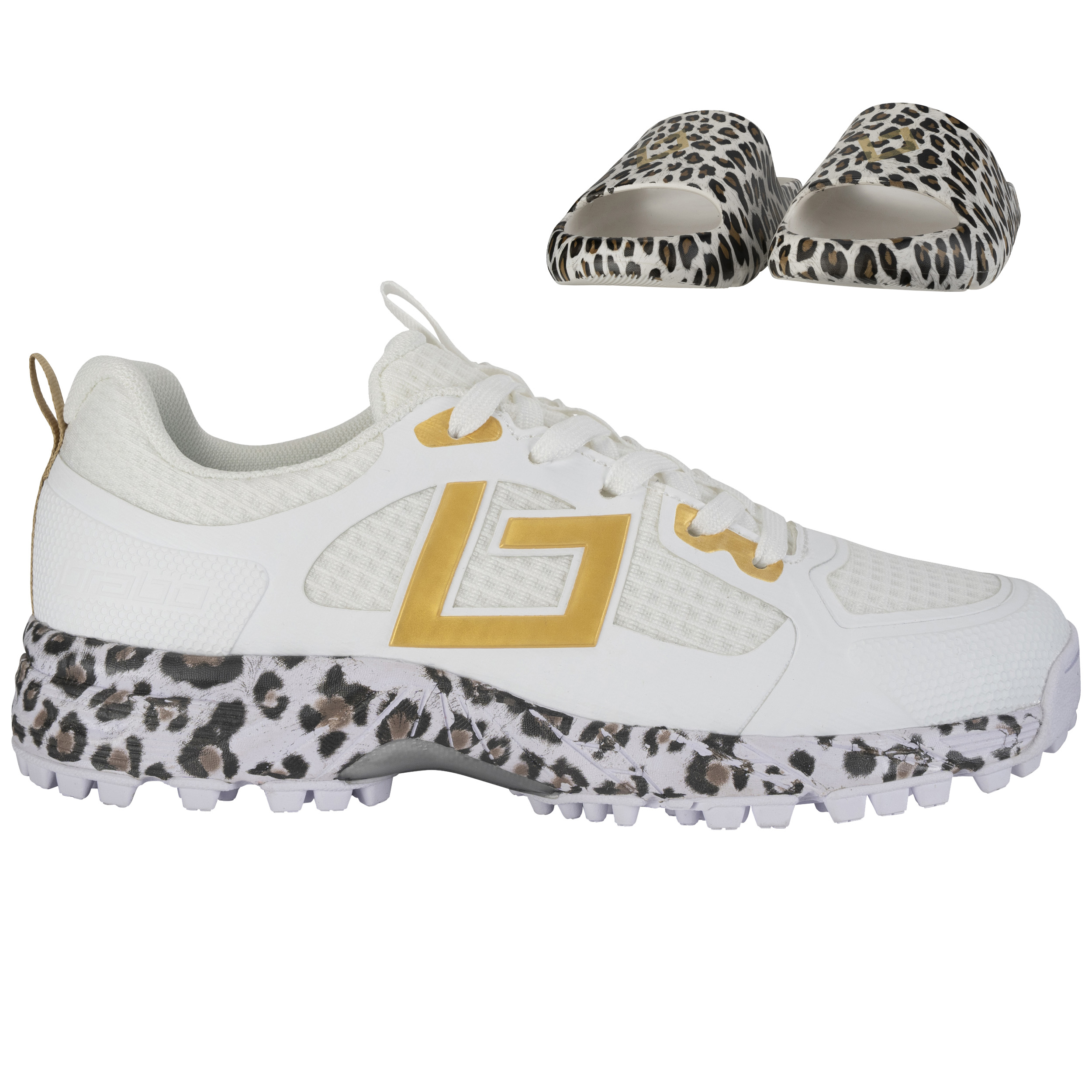 Brabo Tribute hockeyschoenen junior white gold leopard inclusief slippers